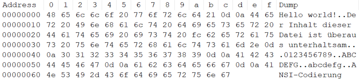  Textdatei mit ANSI-Zeichencodierung im Hex-Editor 