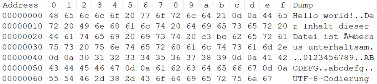  Textdatei mit UTF-8-Codierung im Hex-Editor 